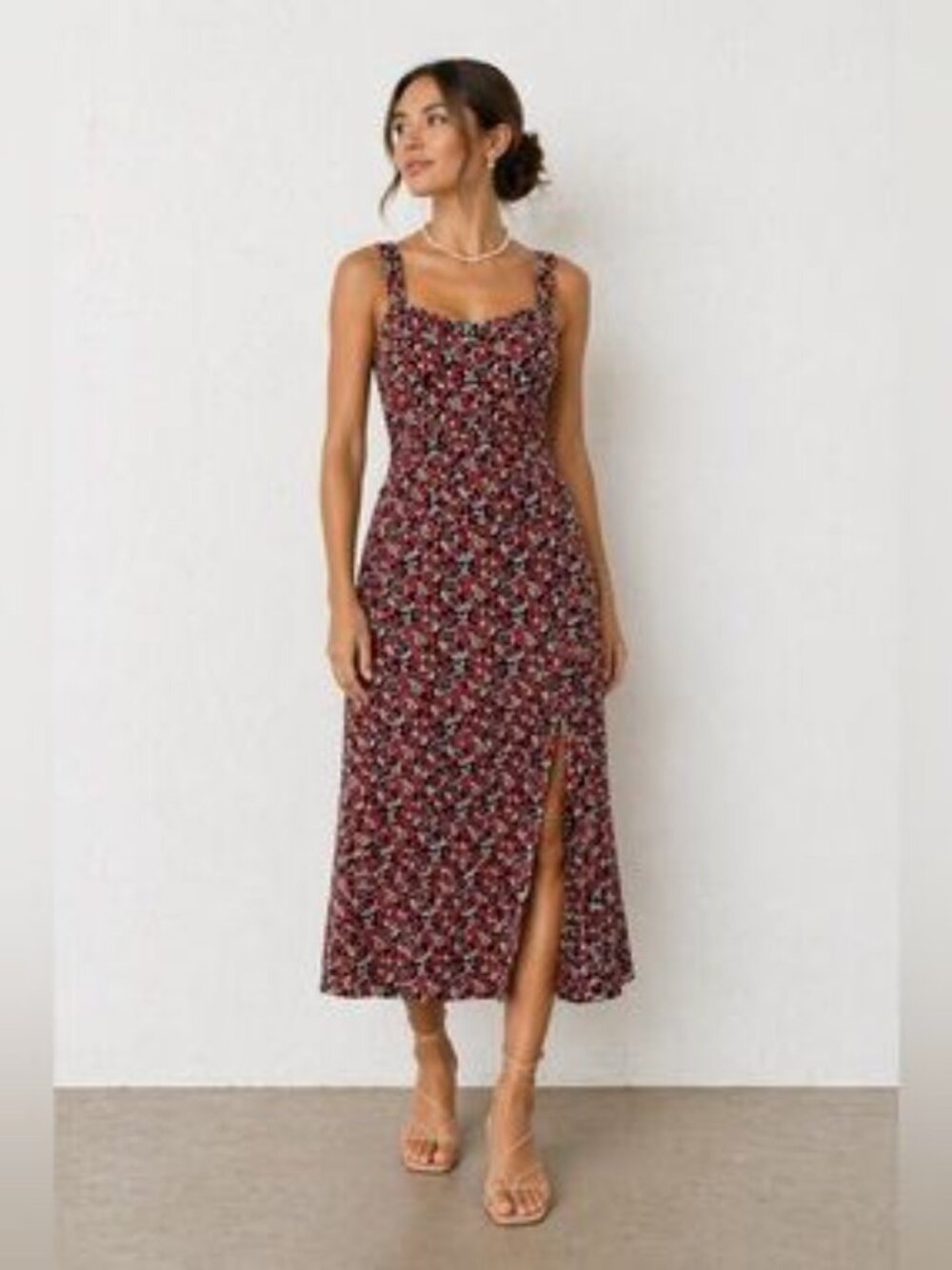 Zara Floral Midi Dress with Slit Satin Material Size Large Women's